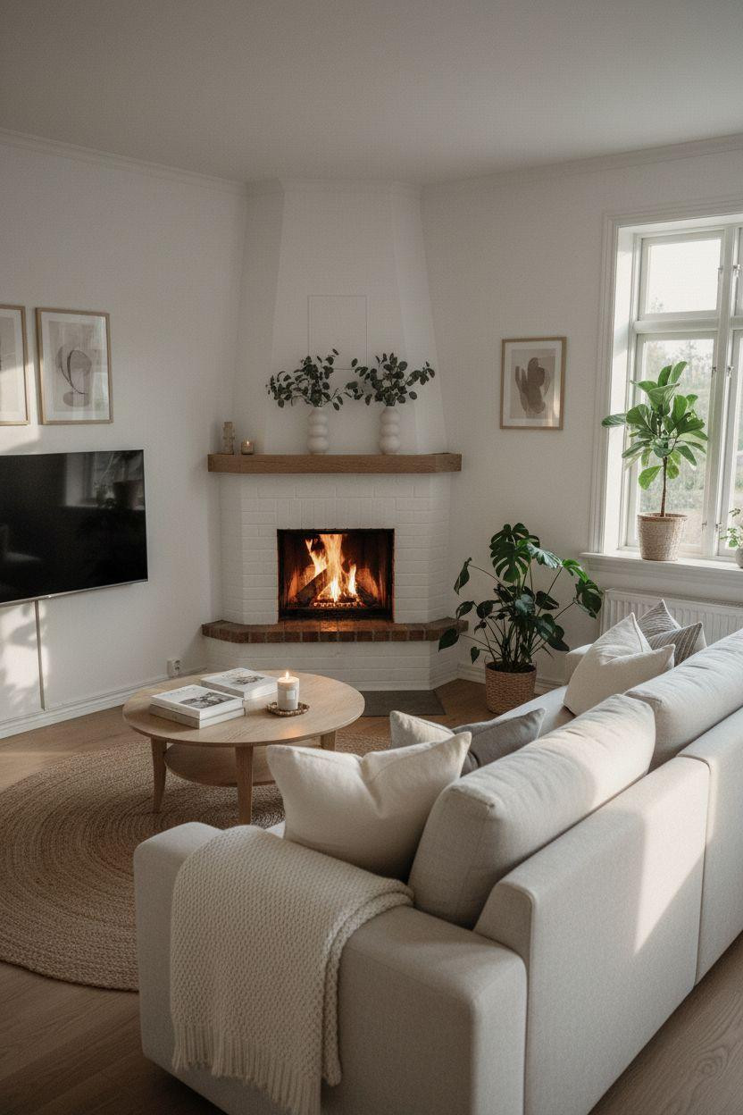 Corner Fireplace Living Room Layout with Nordic white painted brick
