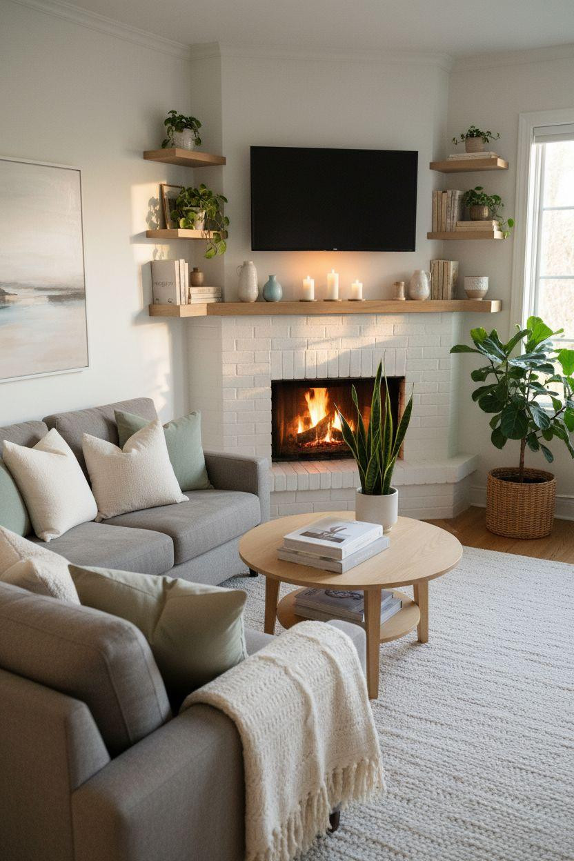 Scandinavian small living room with white brick corner fireplace