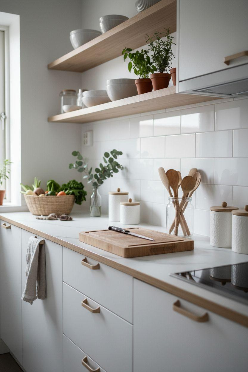Tiny Kitchen Ideas - Scandinavian white cabinets with pale birch shelves