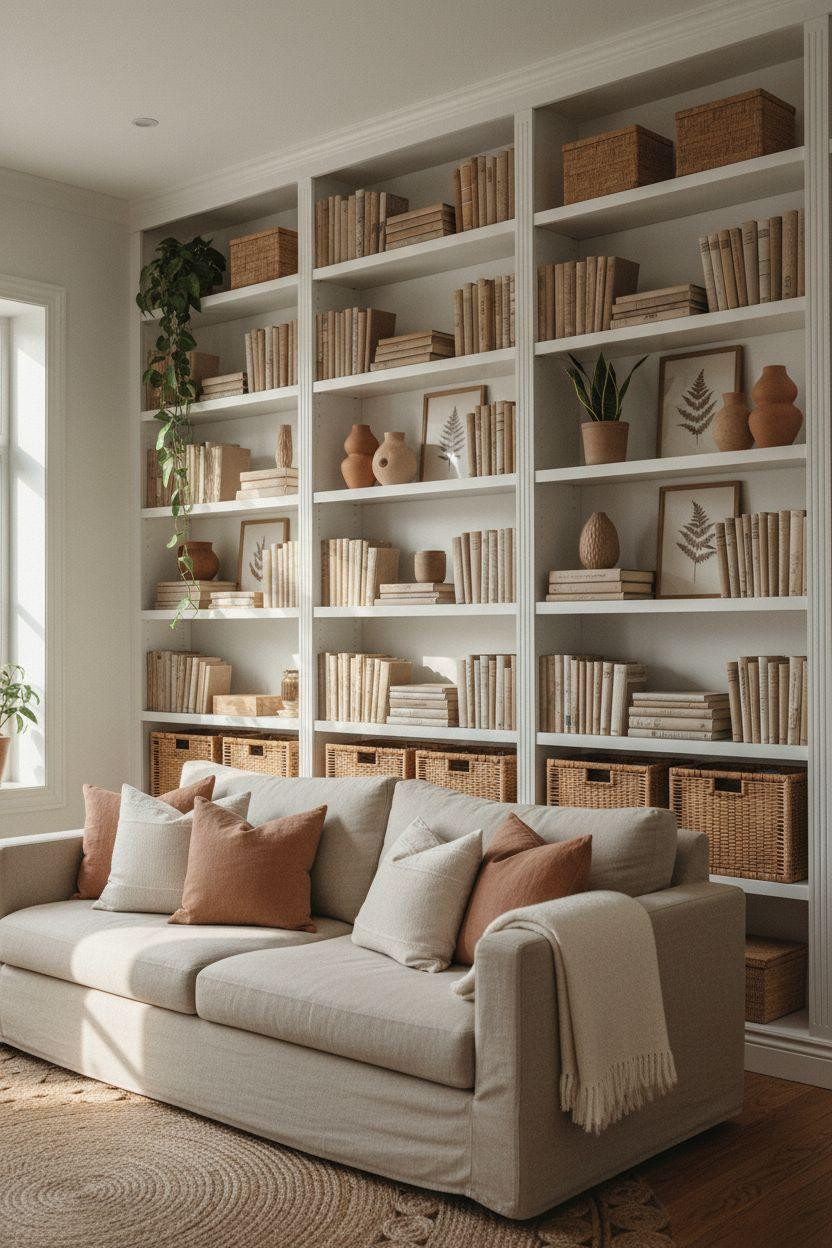 Bookshelf living room with symmetrical white shelves and balanced decor