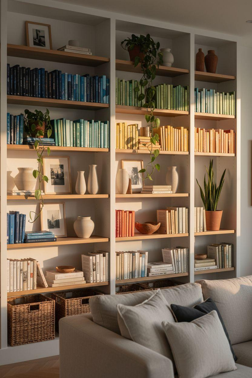 Bookshelf living room with color-coordinated books and oak shelving