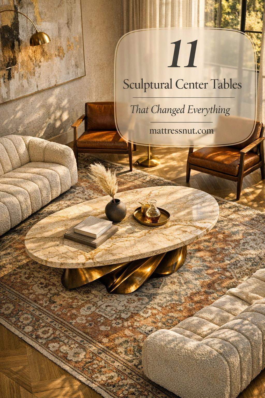 Modern living room viewed from above highlighting a sculptural travertine center table with twisted bronze base, surrounded by boucle sofa, walnut armchairs, Persian rug, and floor-to-ceiling windows. Includes abstract art, brass lamp, and subtle overlay with text '11 Sculptural Center Tables That Changed Everything' from mattressnut.com.