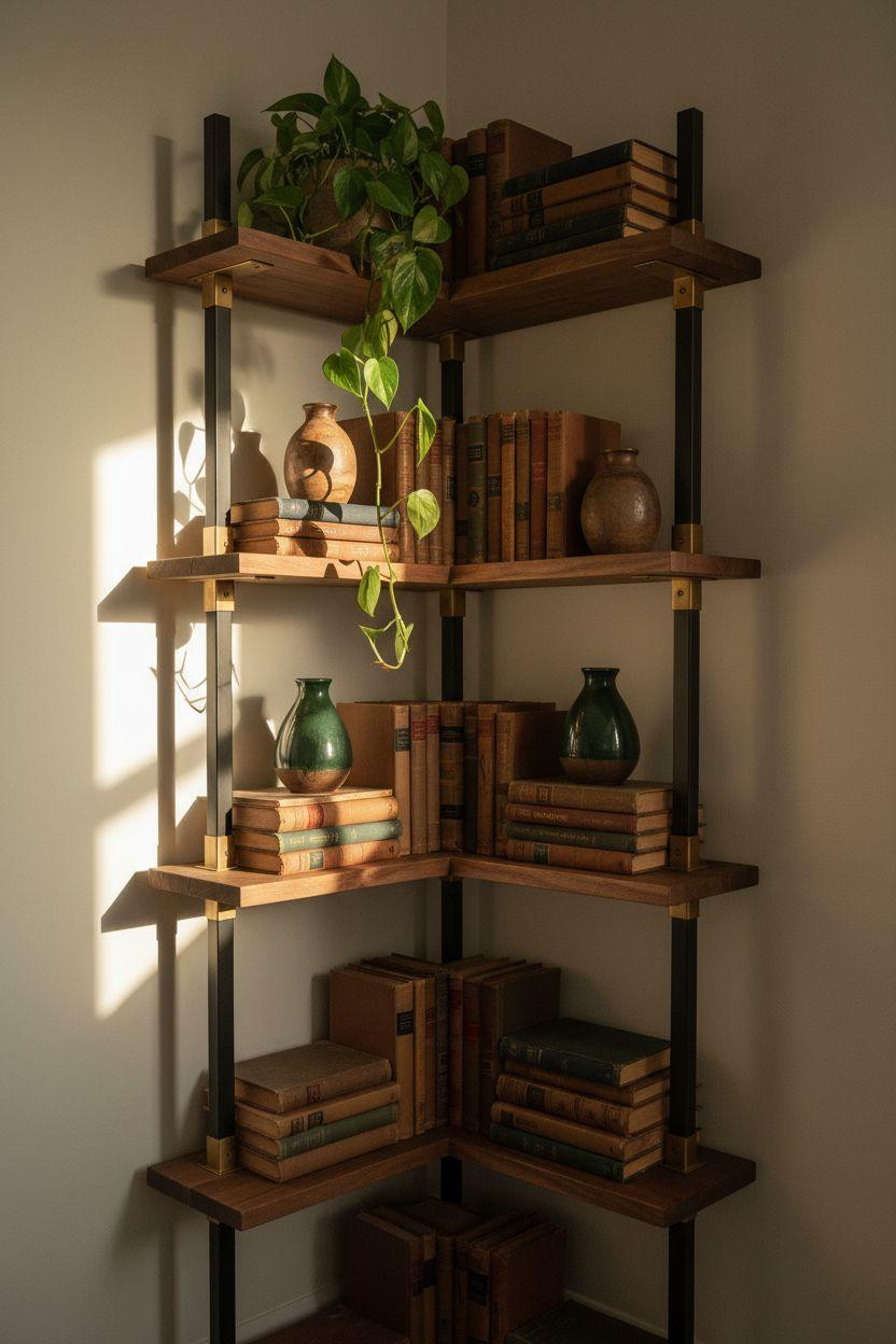 Corner bookshelf - sculptural walnut with geometric tiers
