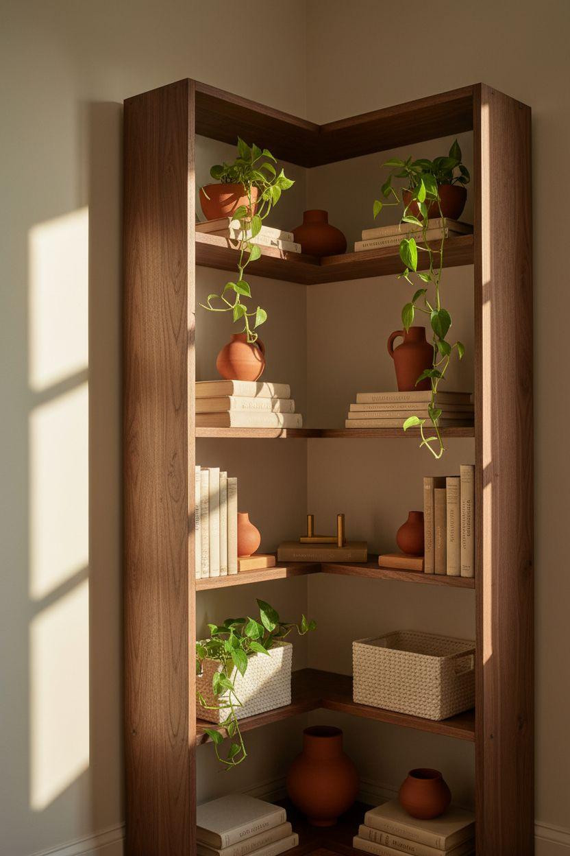 Corner bookshelf - geometric walnut unit in bright living room
