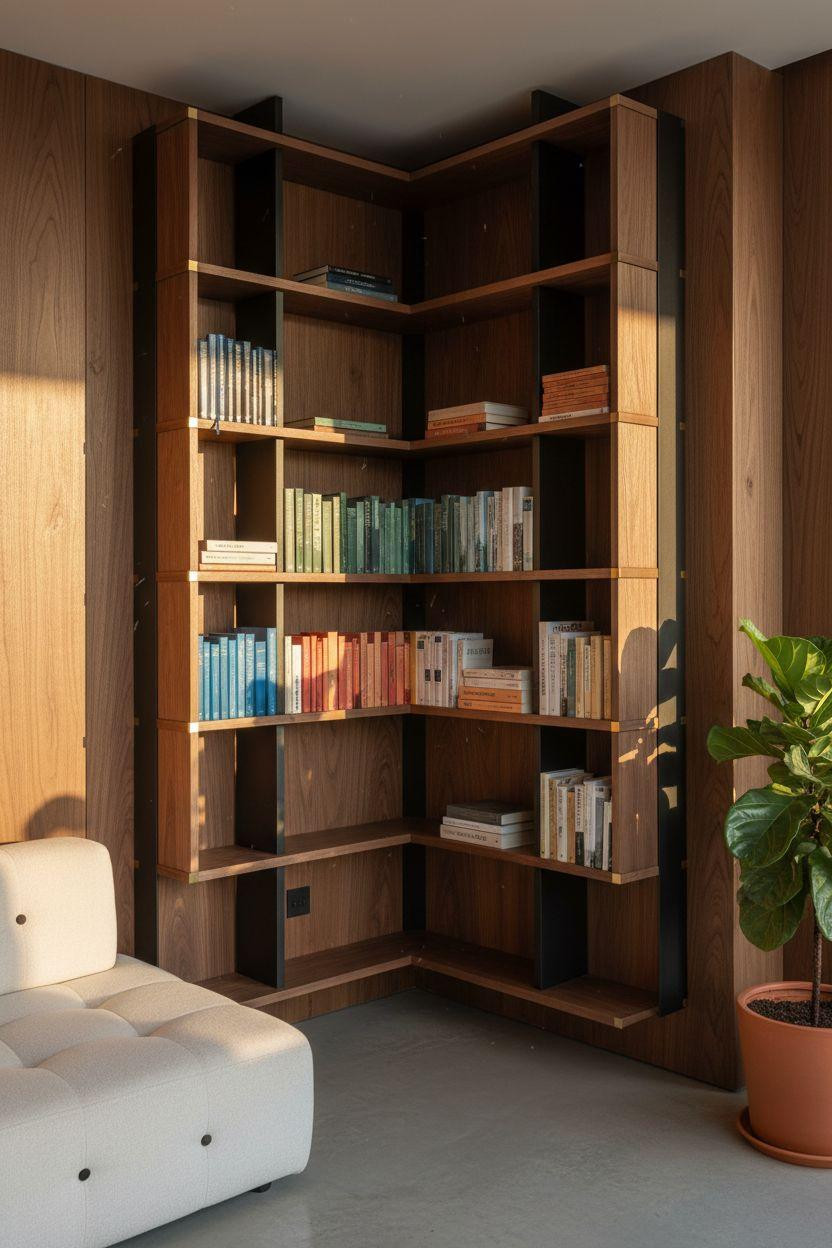 Corner bookshelf - geometric walnut unit with brass hardware