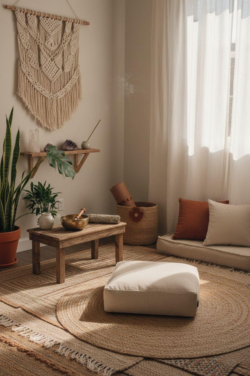 Spiritual Room Meditation Space Ideas - boho meditation space with layered rugs