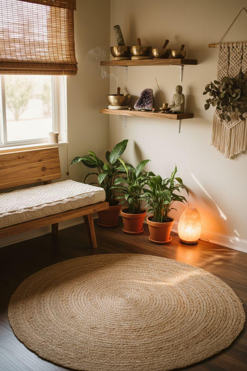 Healing room ideas featuring wood grain meditation bench