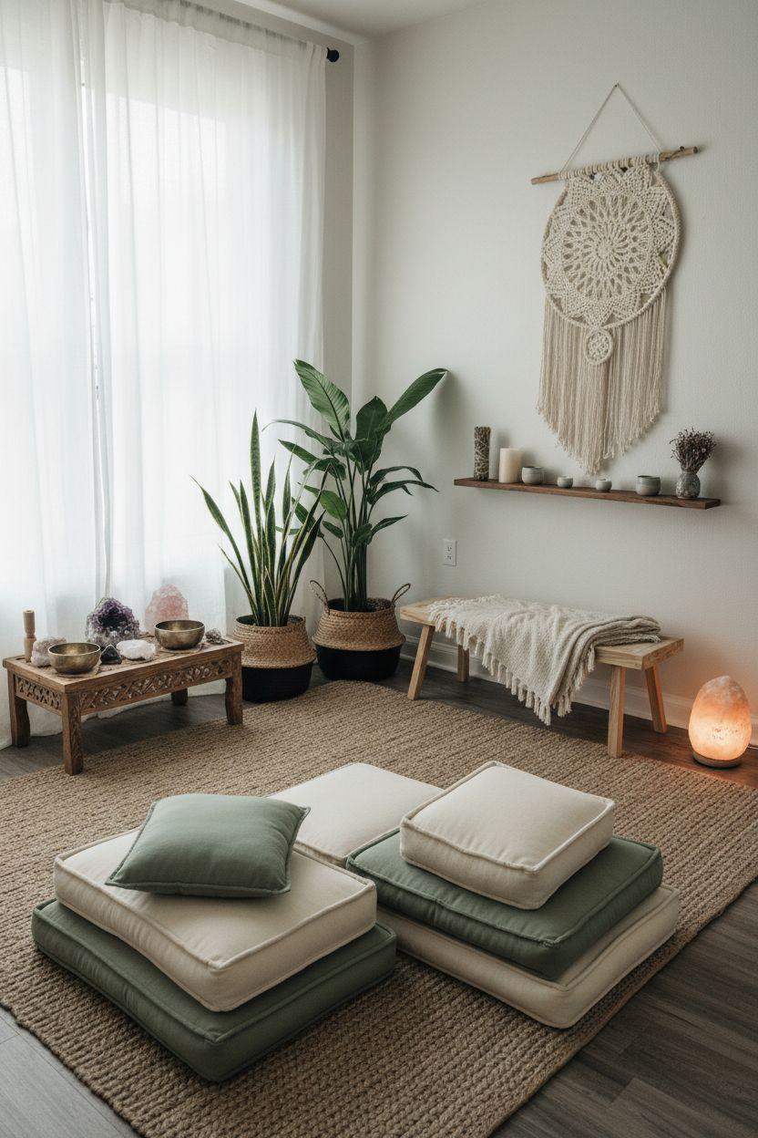 Healing room ideas with layered floor cushions in sage and cream