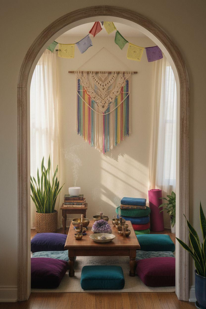 Healing room ideas with jewel tones and arched doorway