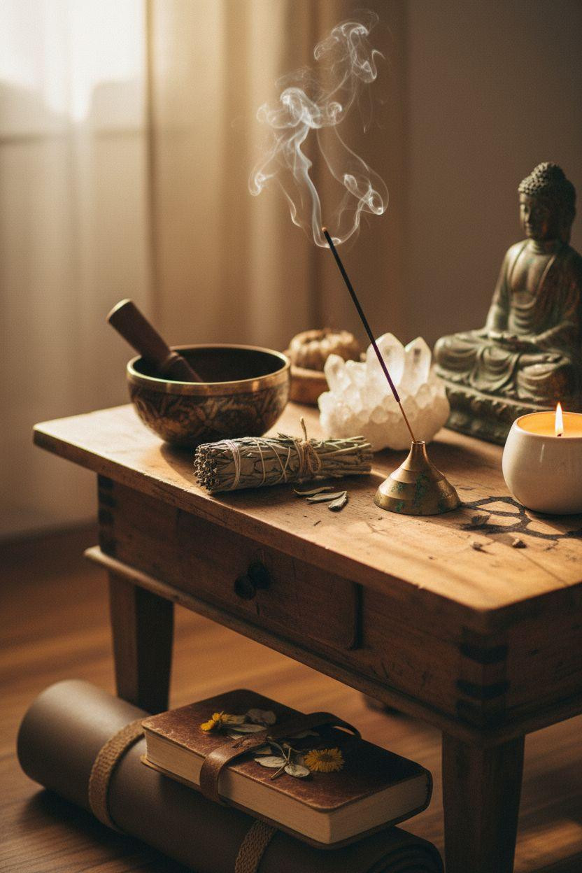 Healing room ideas with vintage altar and aged brass