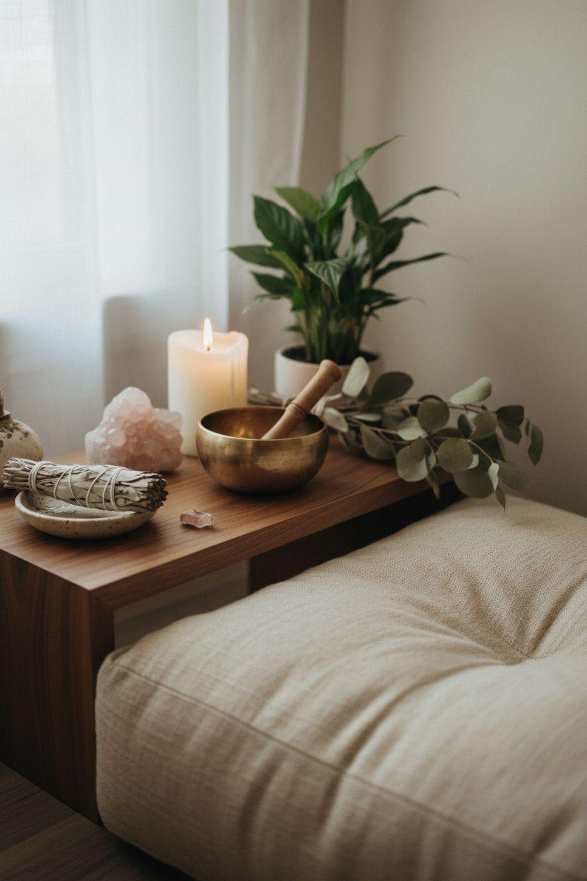 Healing room ideas featuring intimate meditation corner with walnut