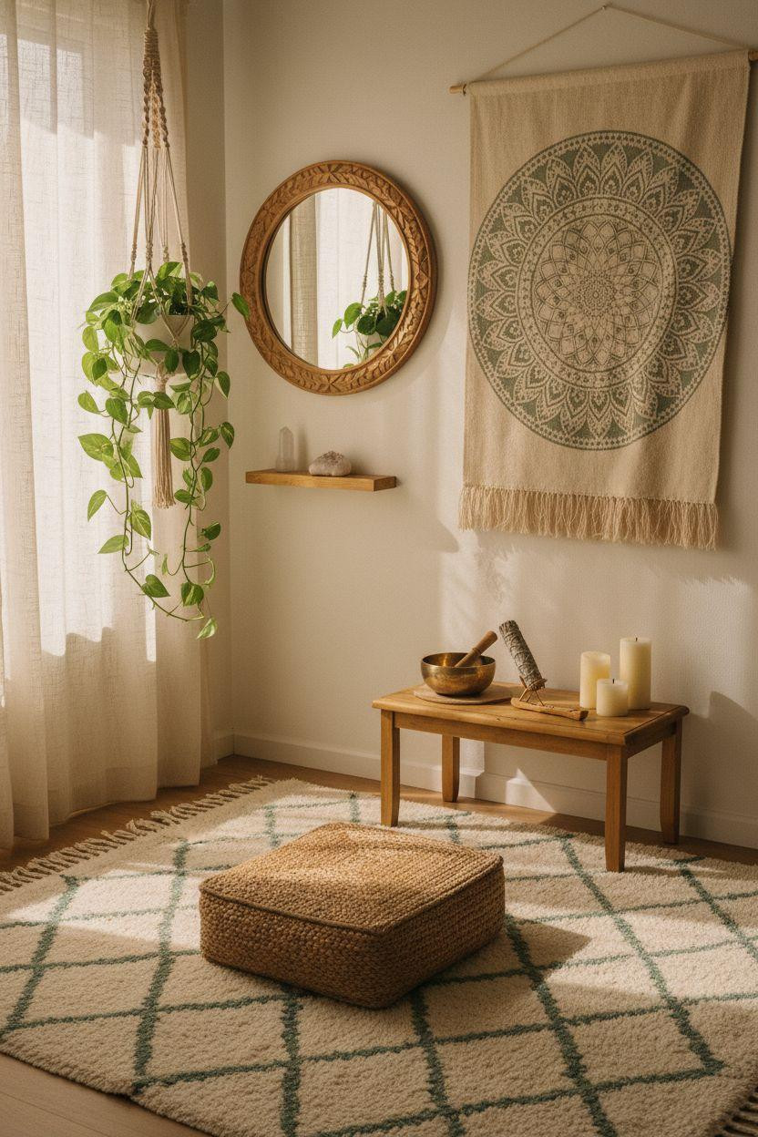 Spiritual Room Meditation Space Ideas - small meditation space with geometric rug