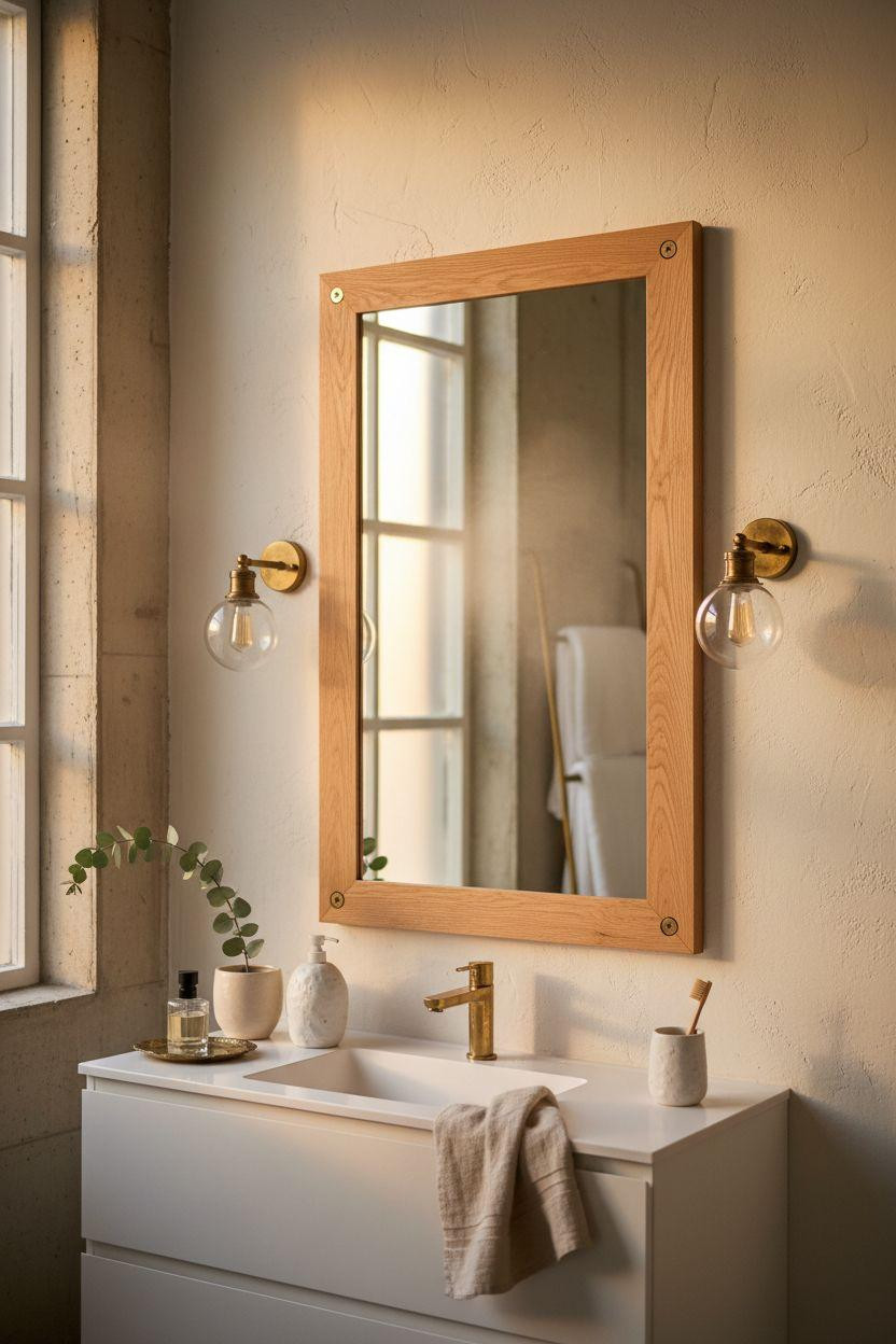 Bathroom Mirror - white oak framed mirror with visible brass corner screws