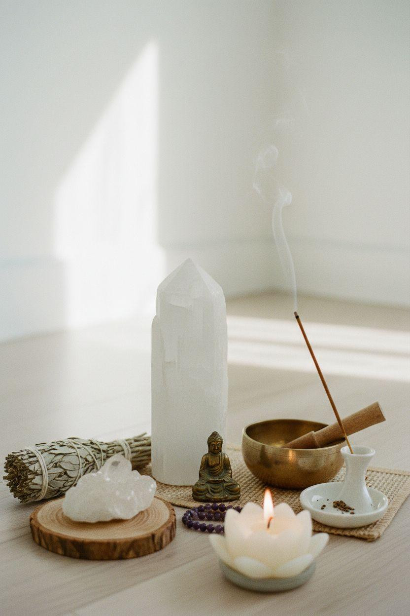 Healing room ideas with reiki altar featuring selenite tower