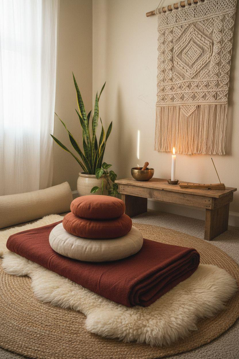 Spiritual Room Meditation Space Ideas - cozy yoga corner with layered textiles