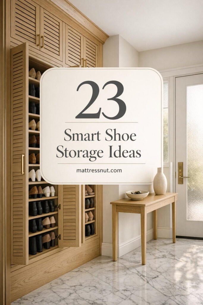 White oak floor-to-ceiling shoe cabinet with louvered doors and brass hardware in modern entryway with marble floors