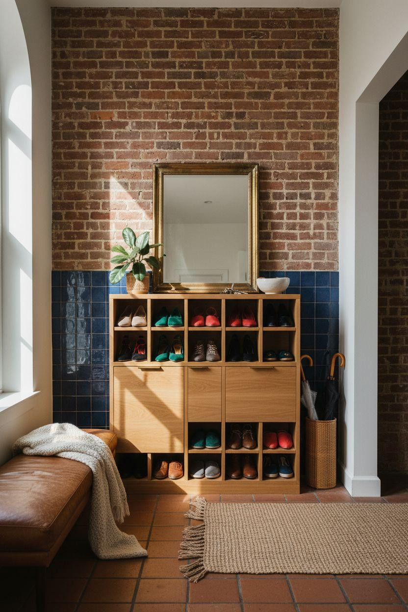Shoe Storage Cabinet Entryway - Brooklyn loft with exposed brick