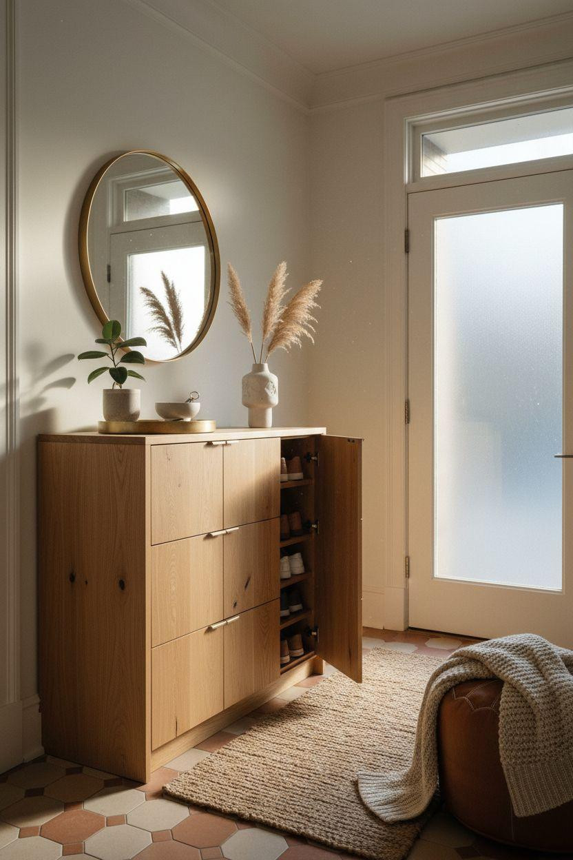 Shoe Storage Cabinet Entryway - Brooklyn with checkerboard oak pattern