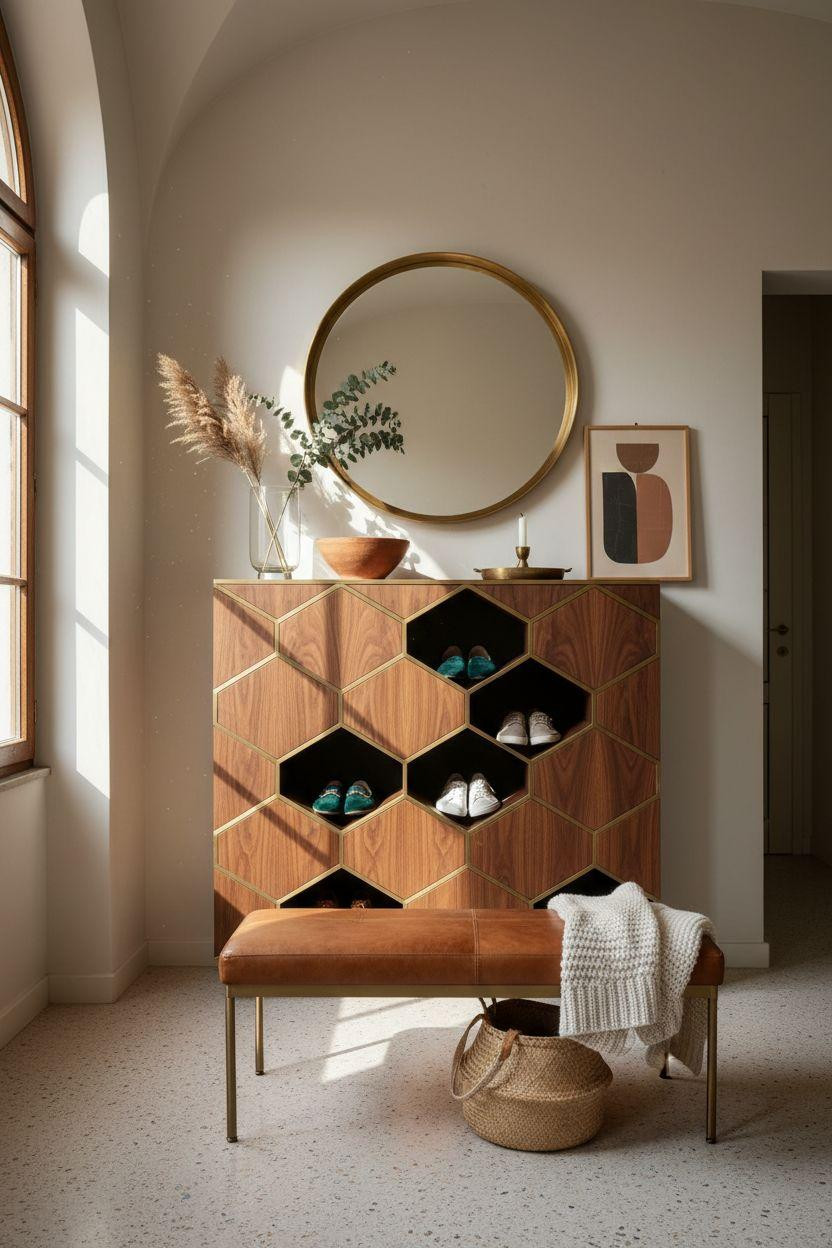 Shoe Storage Cabinet Entryway - Milan with hexagonal walnut panels