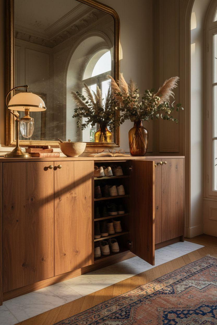 Shoe Storage Cabinet Entryway - Parisian with walnut and brass lamp