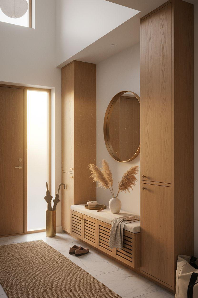 Shoe Storage Cabinet Entryway - modern Scandinavian with bouclé bench