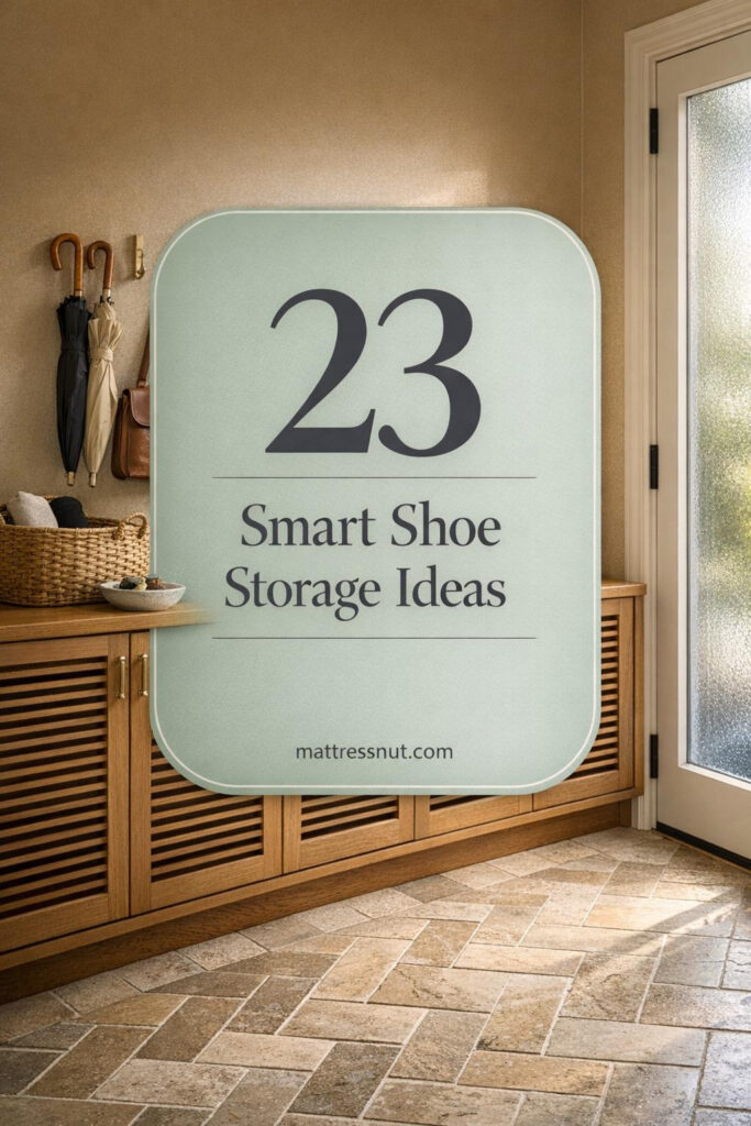 White oak shoe cabinet with slatted doors in elegant entryway featuring herringbone limestone floors and brass hardware