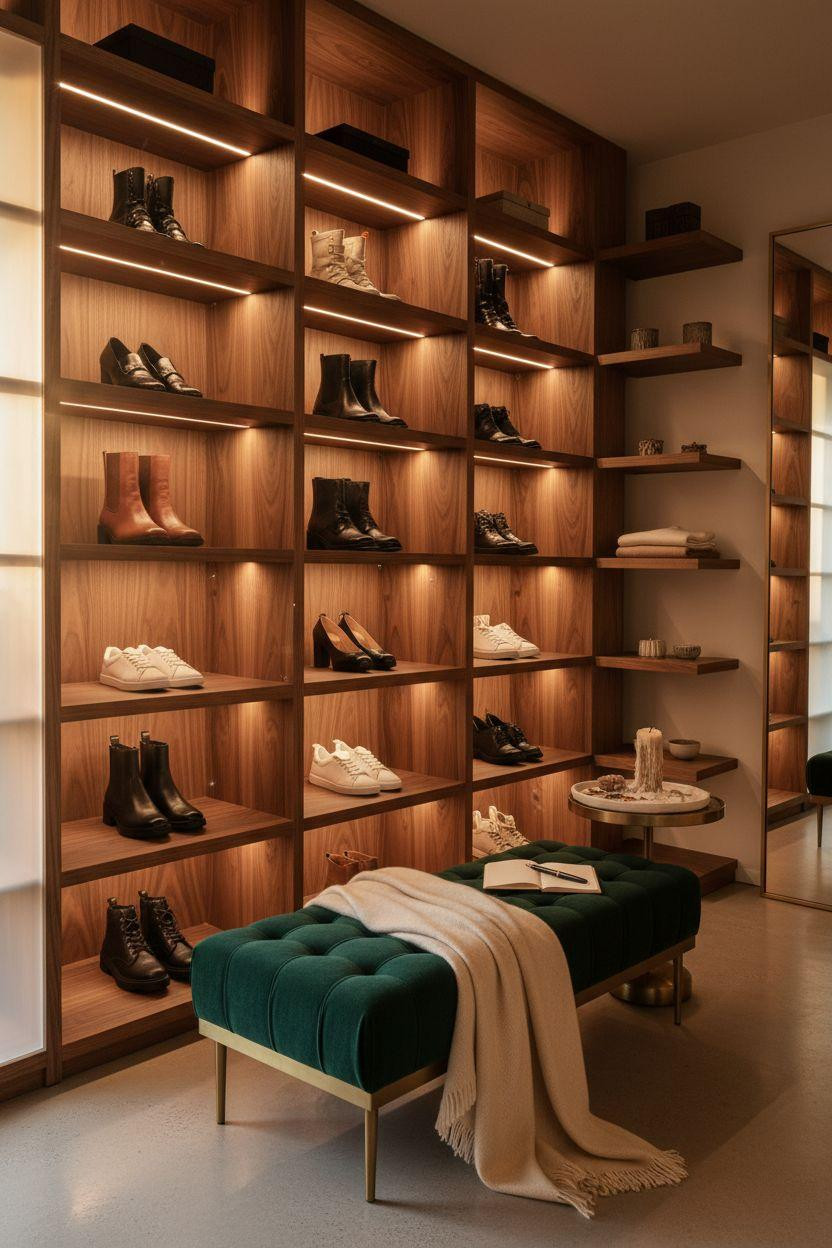 Shoe storage ideas with emerald velvet bench and walnut shelves