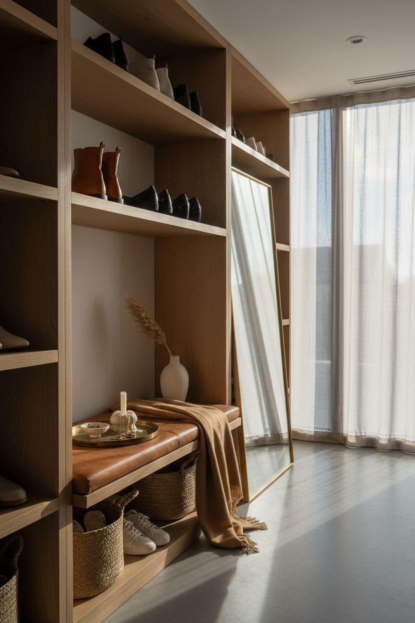 Shoe storage ideas in luxury penthouse with leather bench