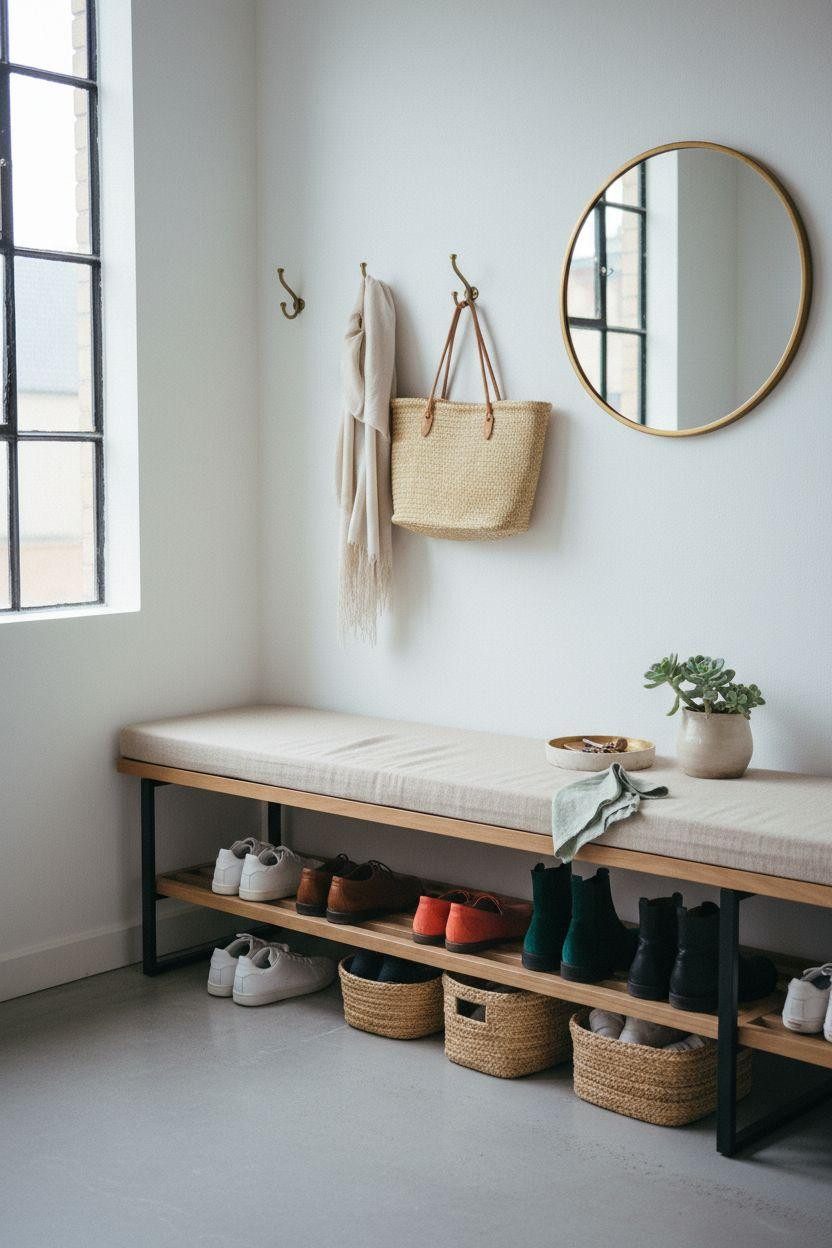 Shoe storage ideas with colorful accent shoes on natural oak bench