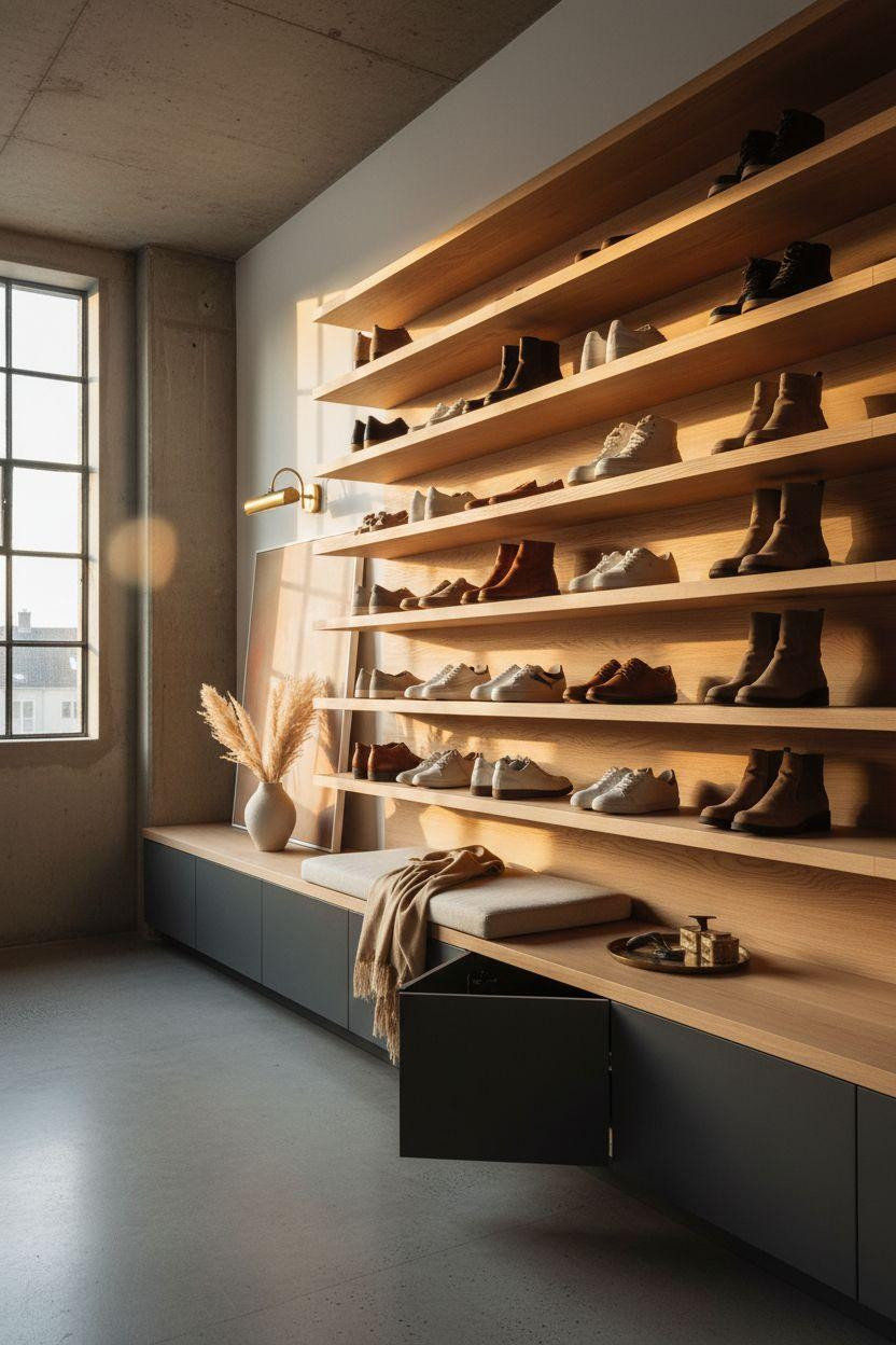 Shoe storage ideas in industrial loft with modular shelving