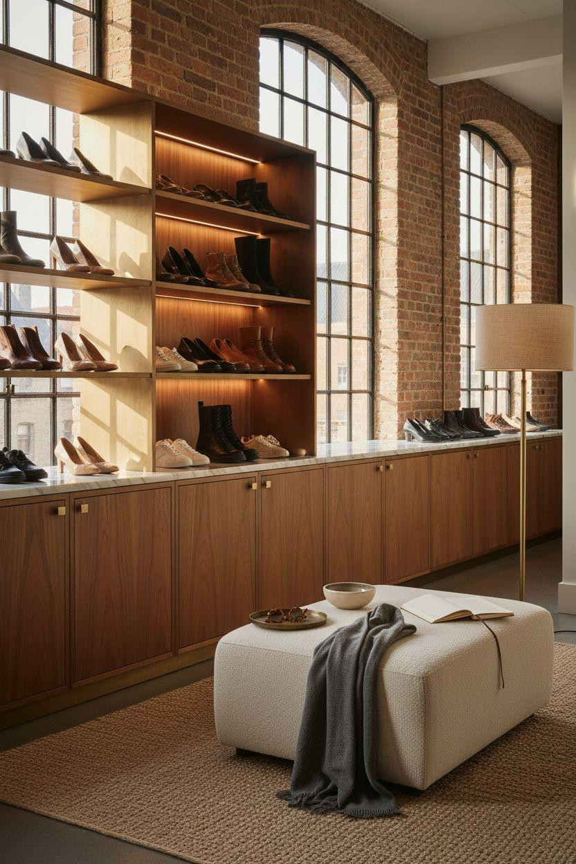 Shoe storage ideas with marble shelves and walnut cabinets