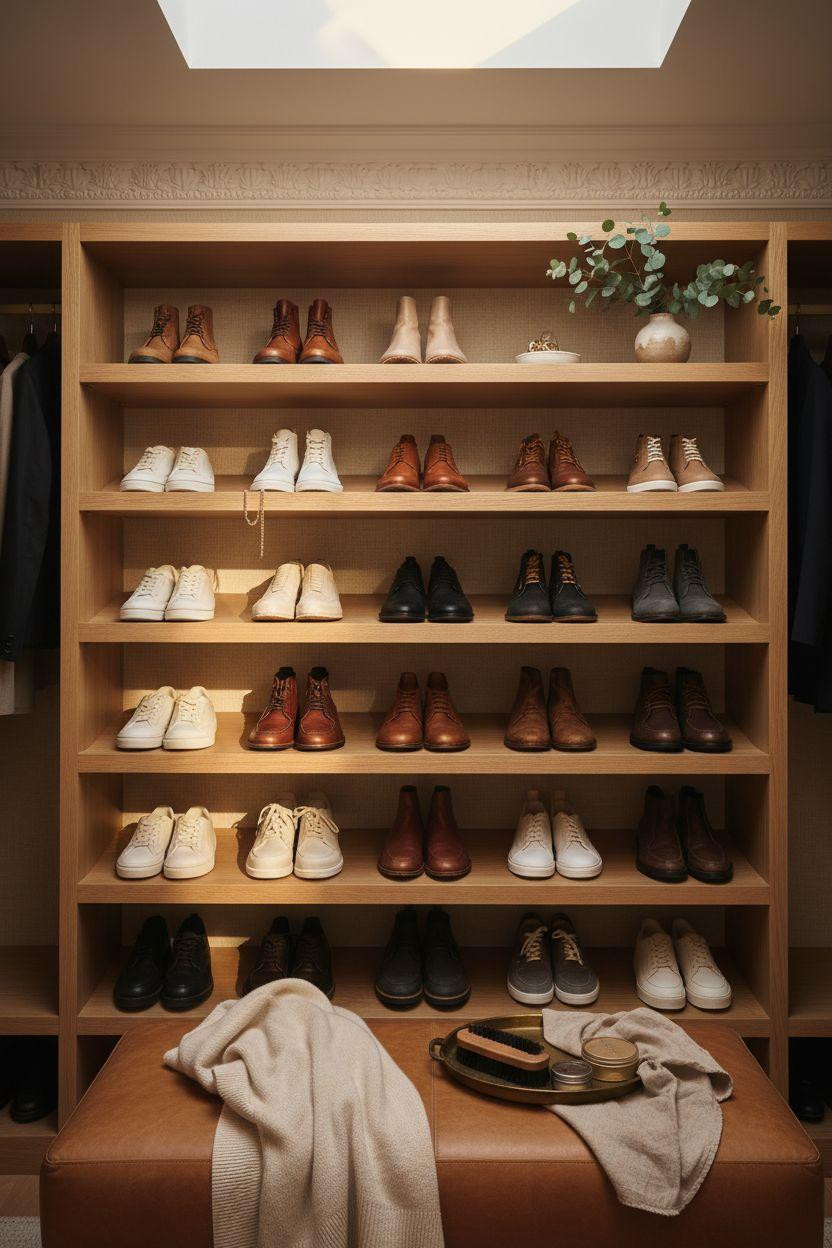 Shoe storage ideas with Victorian closet and organized display