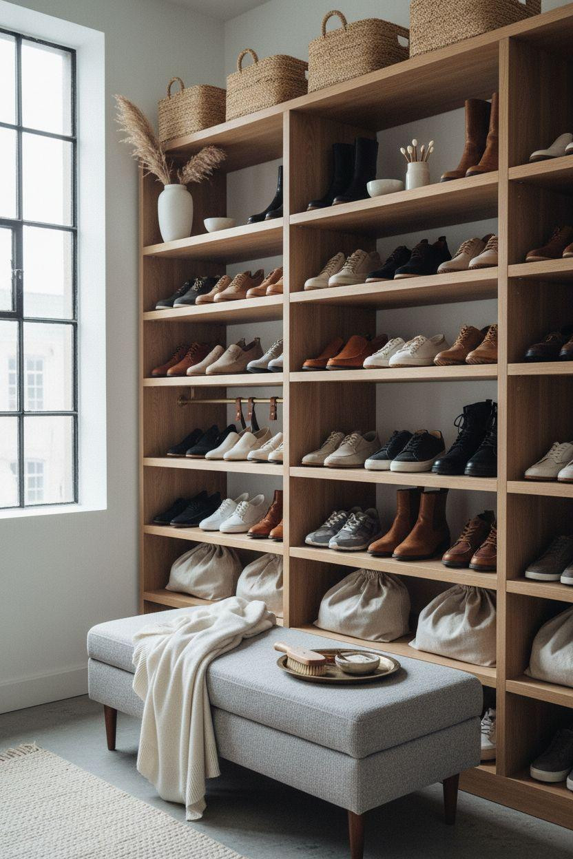 Shoe storage ideas in luxury closet with organized oak shelving