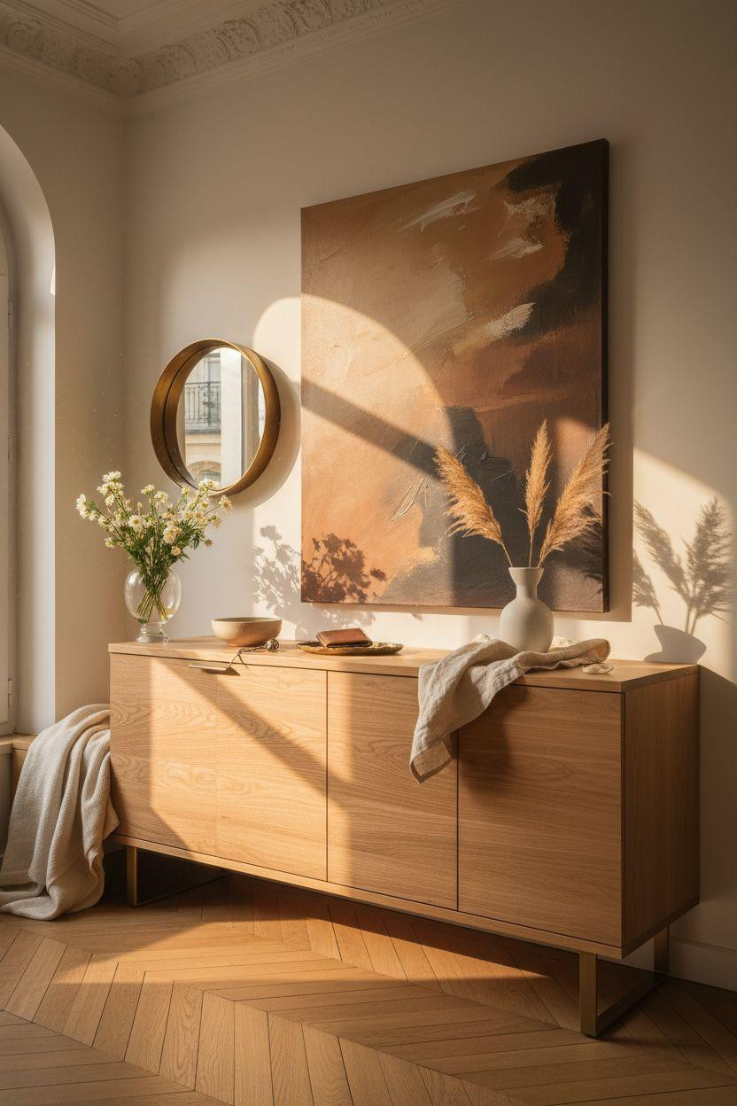 Shoe storage ideas in Parisian entryway with elegant oak cabinet