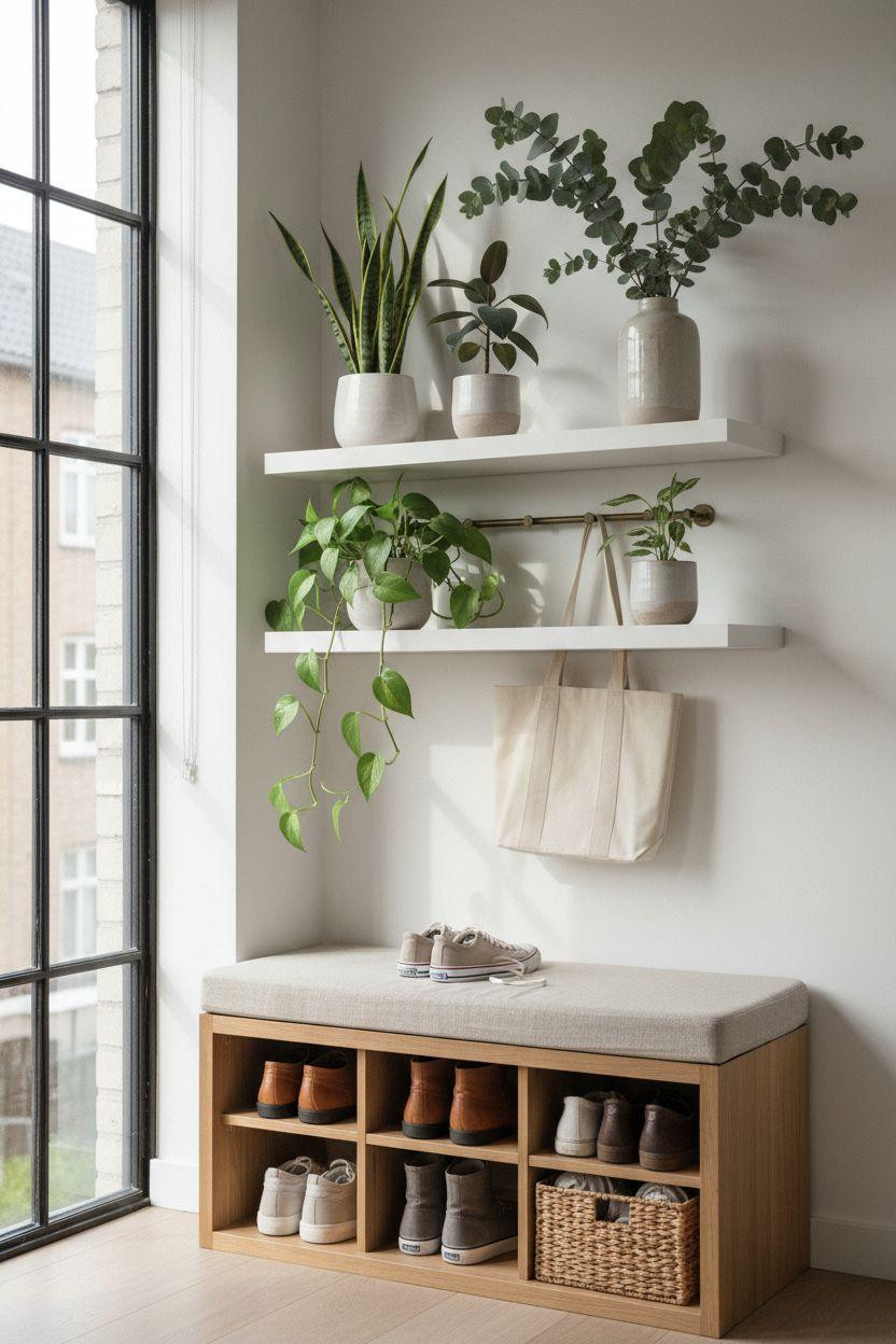 Shoe storage ideas with floating shelves and plant accents