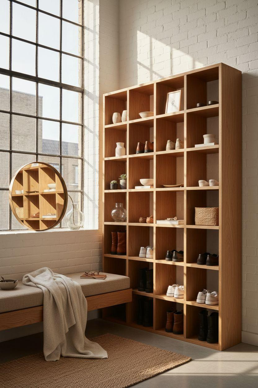 Shoe storage ideas with geometric grid shelving system