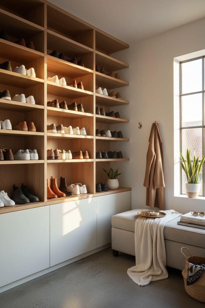 Shoe storage ideas in Scandinavian walk-in closet