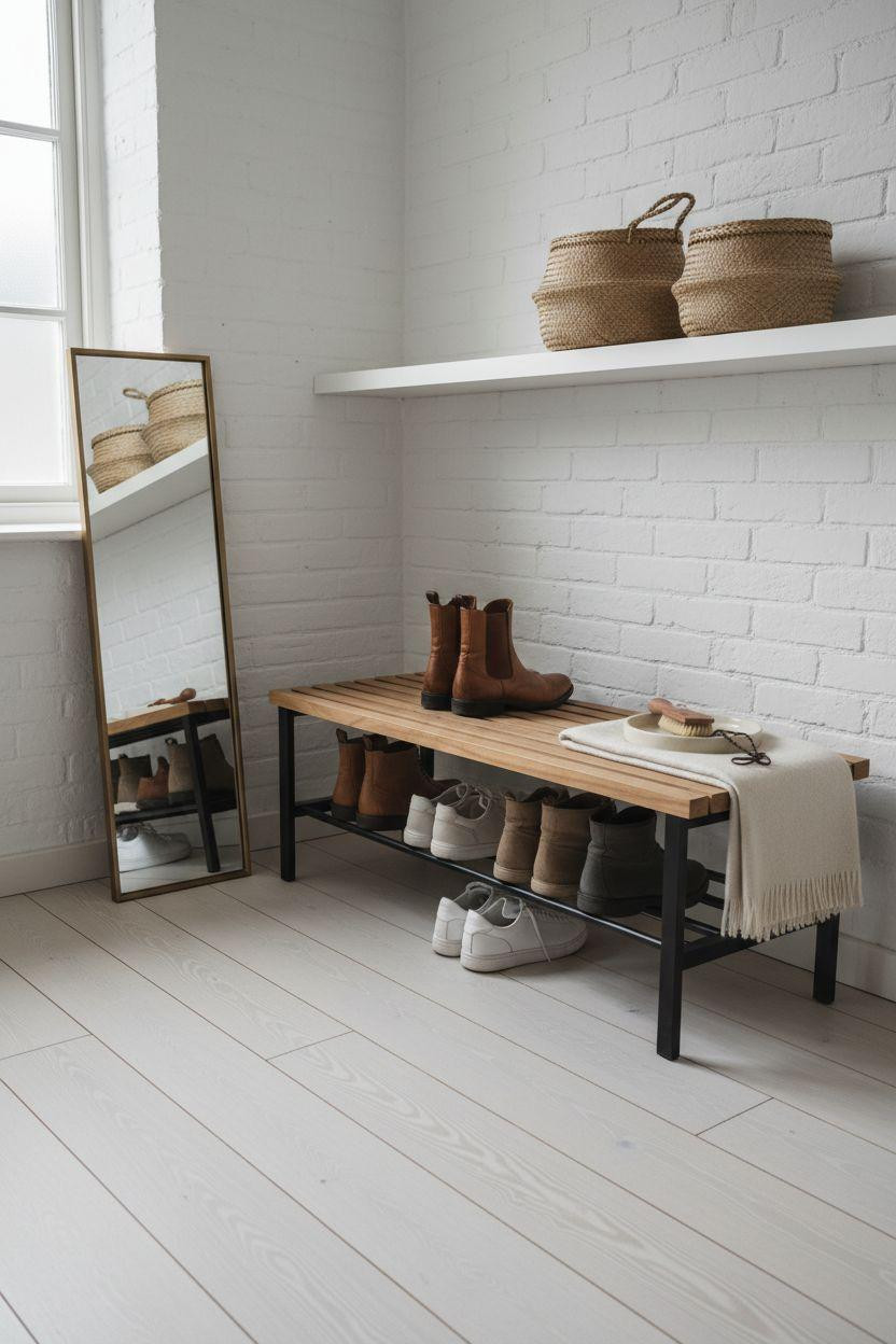 Shoe storage ideas in Scandinavian closet with oak bench and brick walls