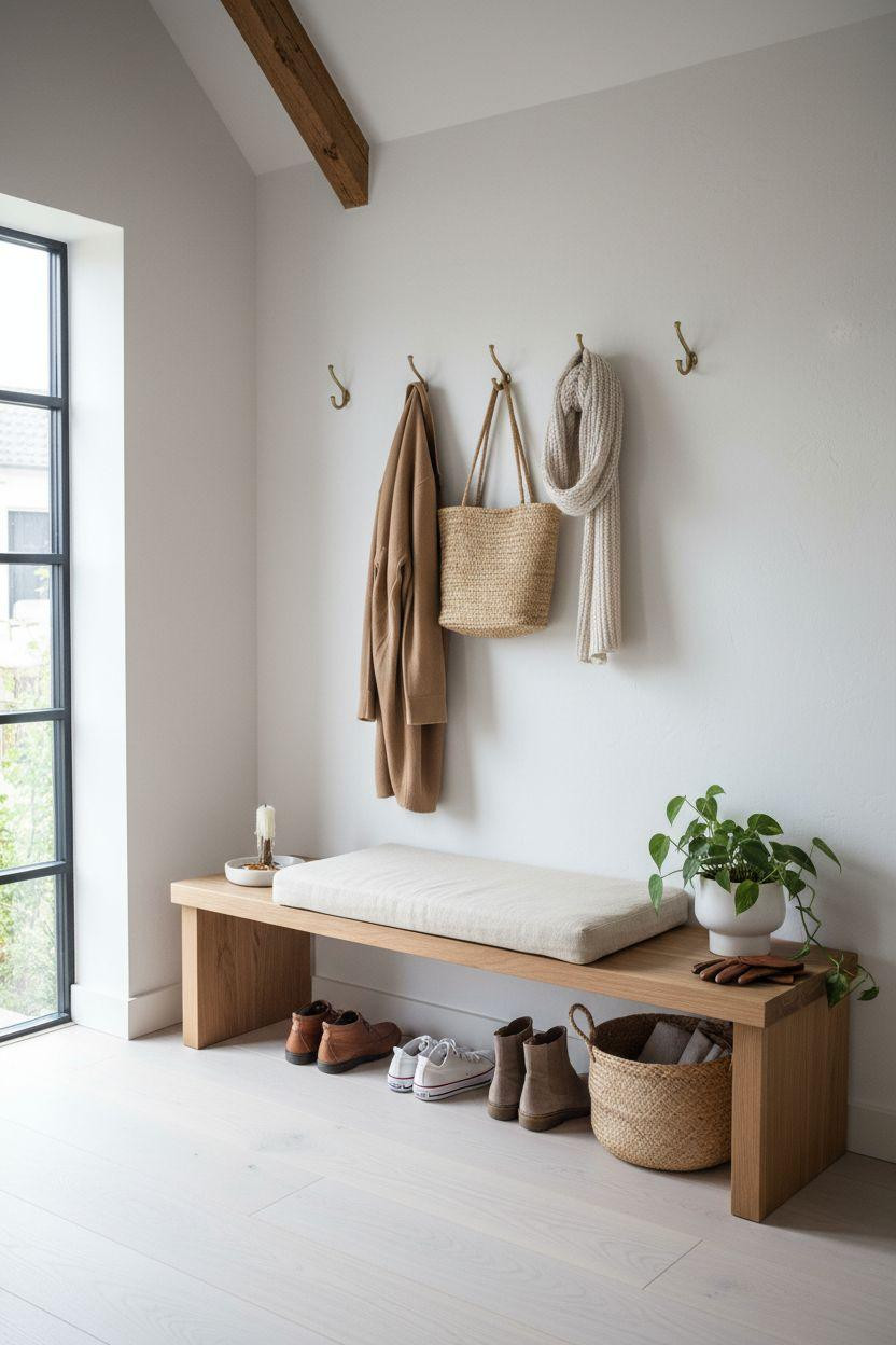 Shoe storage ideas in modern mudroom with steel and oak design