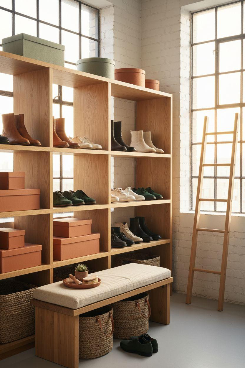 Shoe storage ideas in compact loft with terracotta details