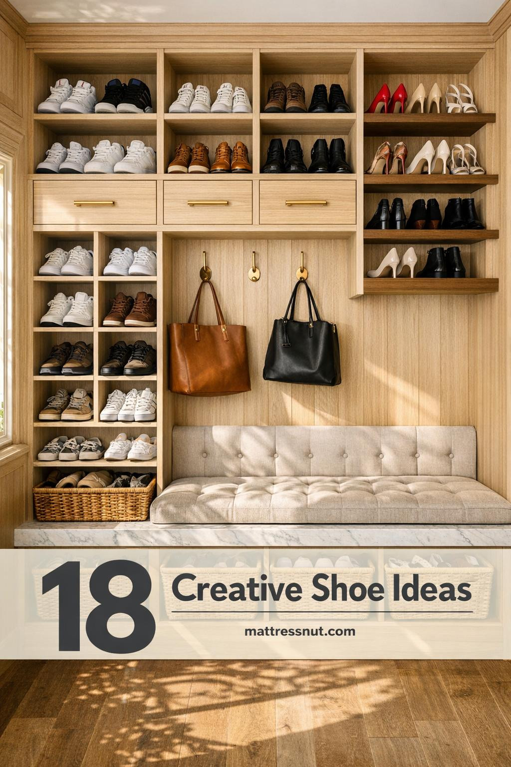 Custom white oak built-in shoe cubbies with pull-out drawers, floating walnut shelves, woven baskets, and marble bench in bright mudroom