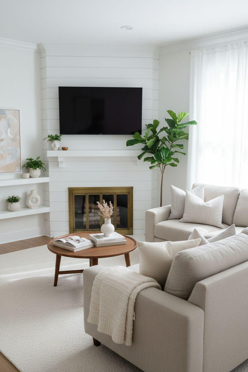 Bright small living room with white corner fireplace and mounted TV