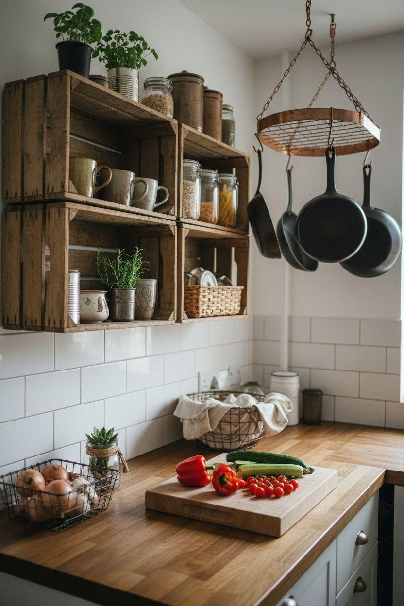 tiny kitchen ideas on a budget with crate shelves