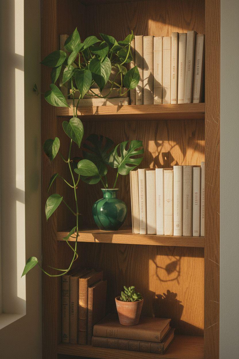 Corner bookshelf - compact oak unit with botanical accents