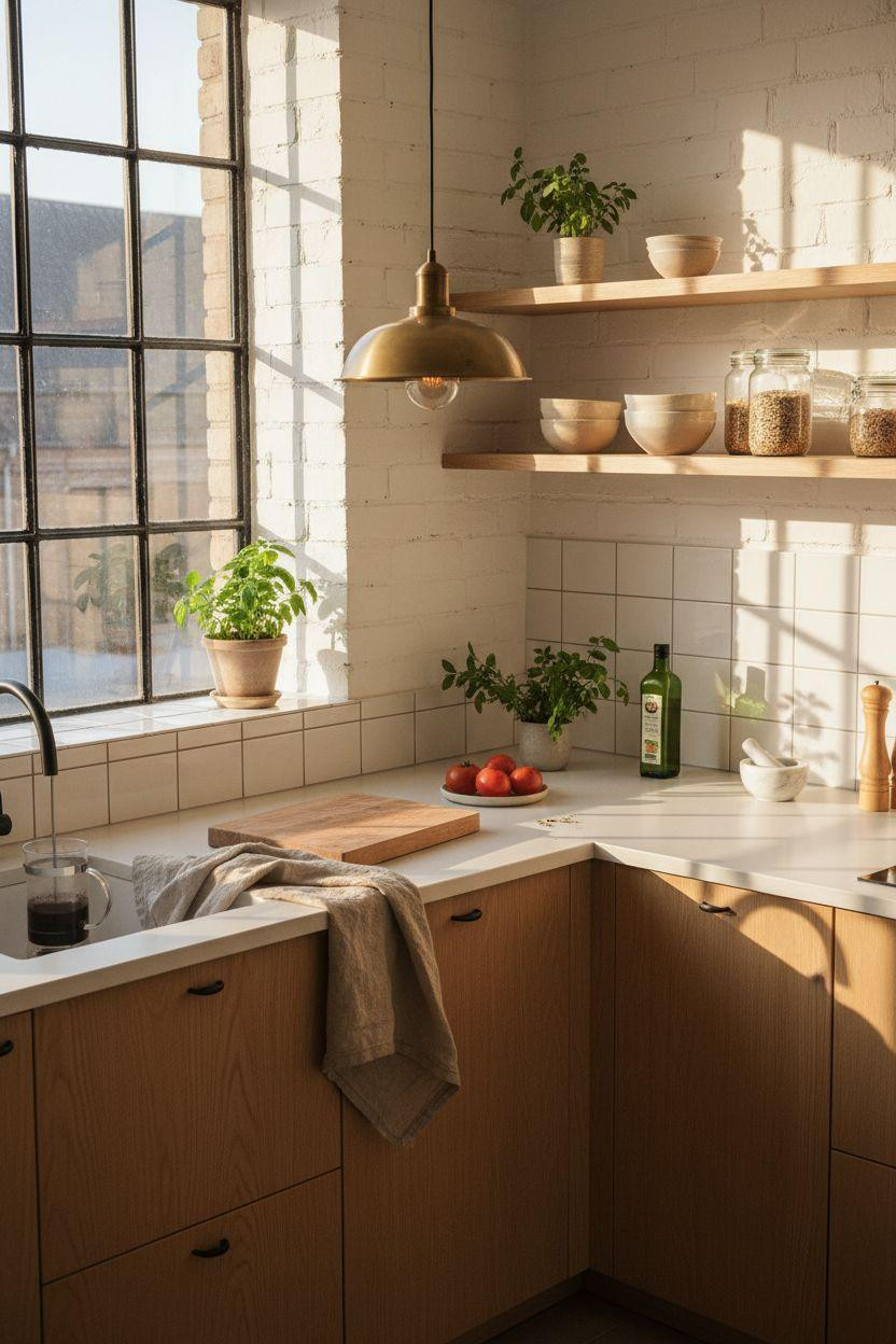 Small kitchen overhead view with brass pendant and oak cabinets