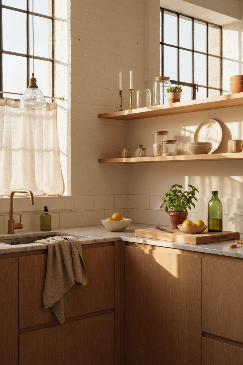 Small kitchen wide view with natural light and linen curtains