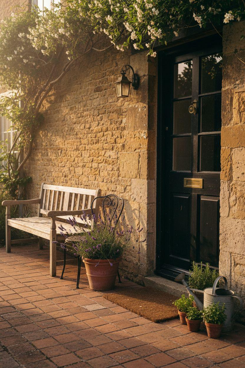 Small Front Porch Ideas - stone cottage with lavender
