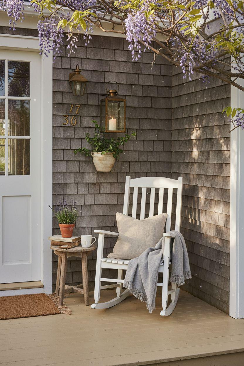 Small Front Porch Ideas - white rocking chair on coastal porch
