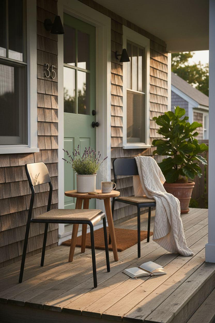Small Front Porch Ideas - black bistro chairs for tiny spaces