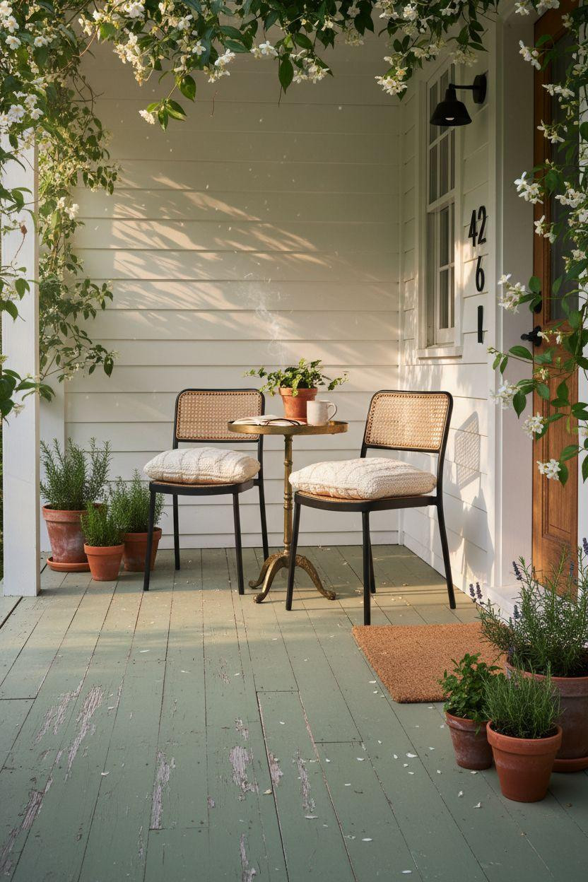 Small Front Porch Ideas - modern bistro chairs with sage floor